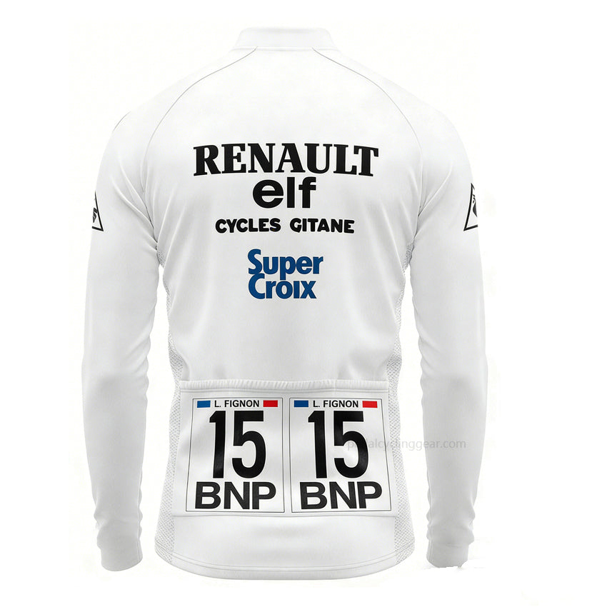 1983 Renault Elf Gitane Laurent Fignon number 15 retro long sleeve cycling jersey back view with three rear pockets