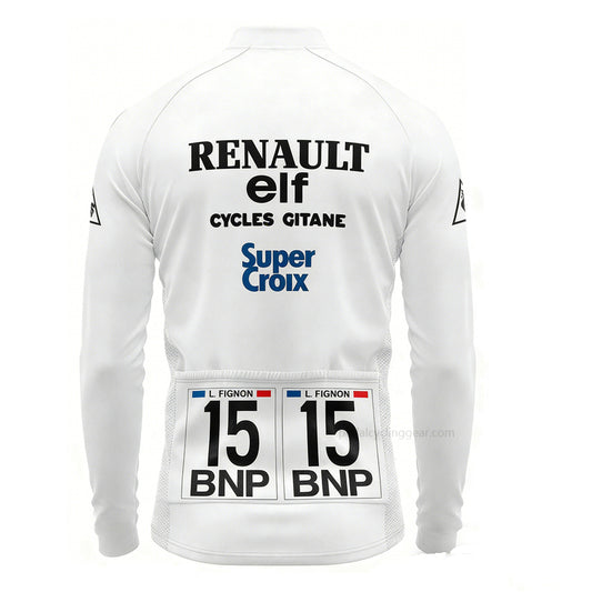 1983 Renault Elf Gitane Laurent Fignon number 15 retro long sleeve cycling jersey back view with three rear pockets