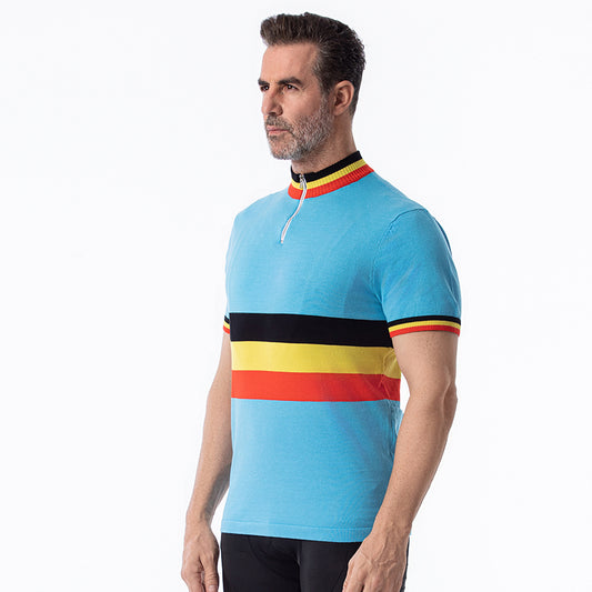 Belgian retro wool cycling jersey - black yellow red stripe detail