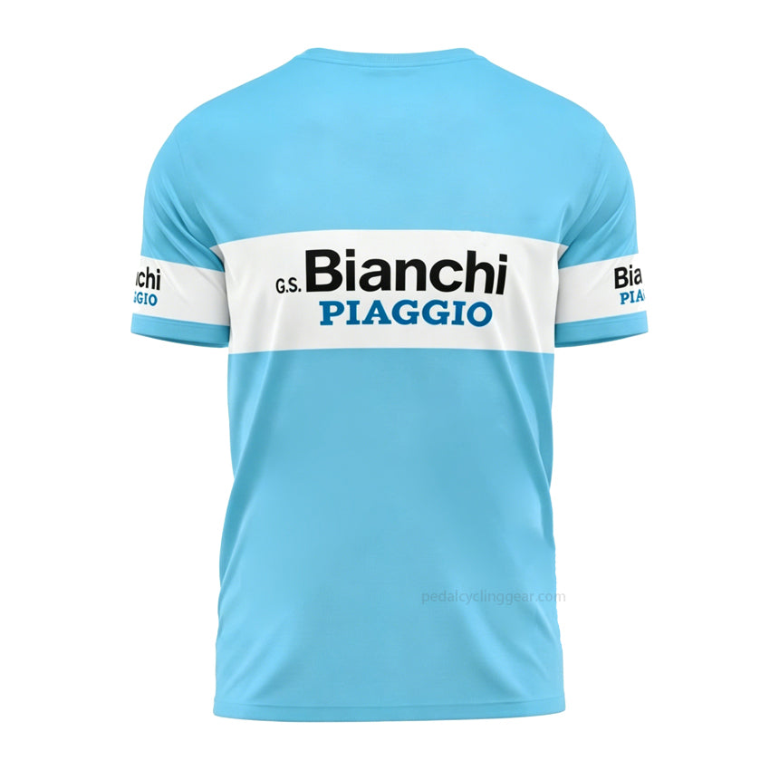 Bianchi Piaggio retro cycling t-shirt back view in celeste blue