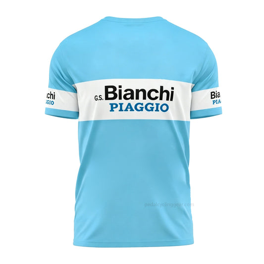 Bianchi Piaggio retro cycling t-shirt back view in celeste blue