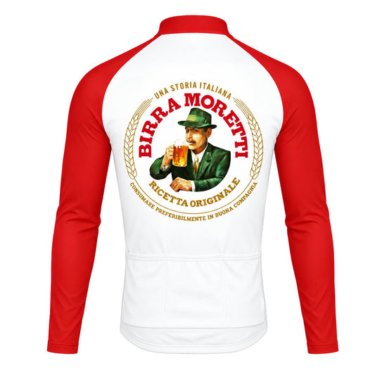 Birra Moretti Beer Retro Long Sleeve Cycling Jersey front view showing three rear pockets