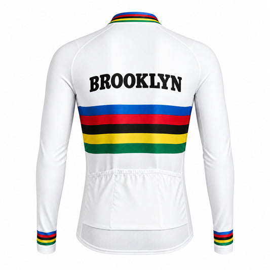 Brooklyn Rainbow Stripe Retro Long Sleeve Cycling Jersey – White back view