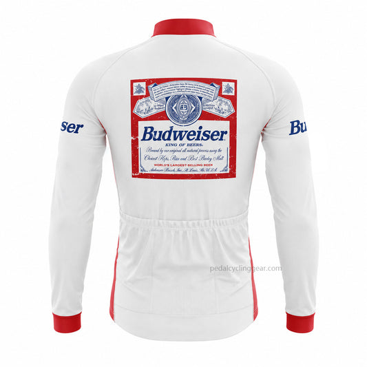 Front view of a white, red and blue Budweiser retro long-sleeve cycling jersey.