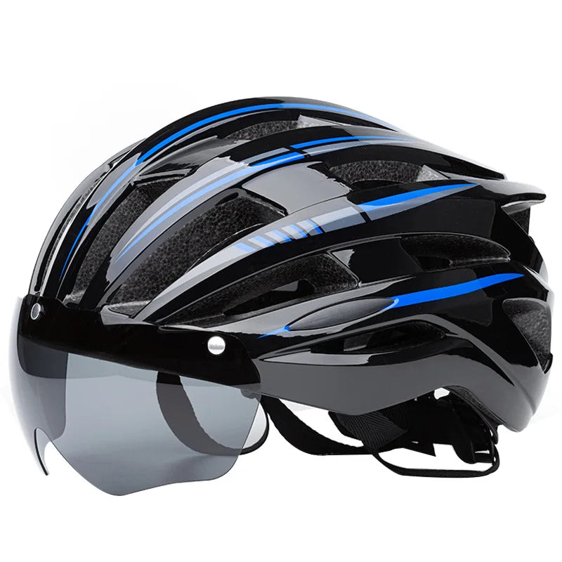 Black cycling helmet with blue and gray stripes and a gray magnetic visor, angled side view