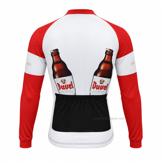 Back view of a red, white Duvel retro long-sleeve cycling jersey.