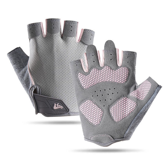 grey fingerless cycling gloves with pink palm padding