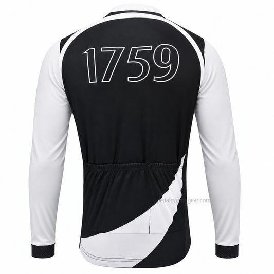 Back view of a black-and-white Guinness 1759 retro long-sleeve cycling jersey.