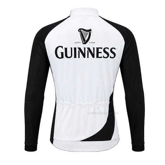 Back view of a white-and-black Guinness retro long-sleeve cycling jersey with harp branding.
