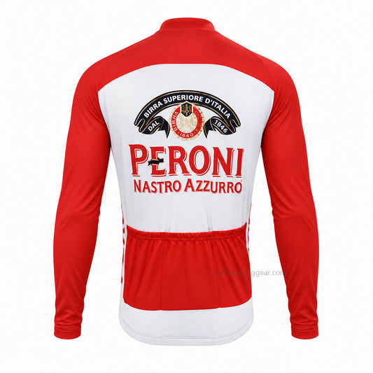 Back view of a red and white Peroni Nastro Azzurro retro long-sleeve cycling jersey.