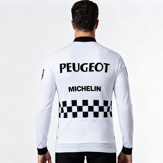 Back view of Peugeot Michelin vintage wool long sleeve cycling jersey