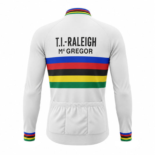 TI Raleigh world champion retro long sleeve cycling jersey in white with rainbow stripes, back view