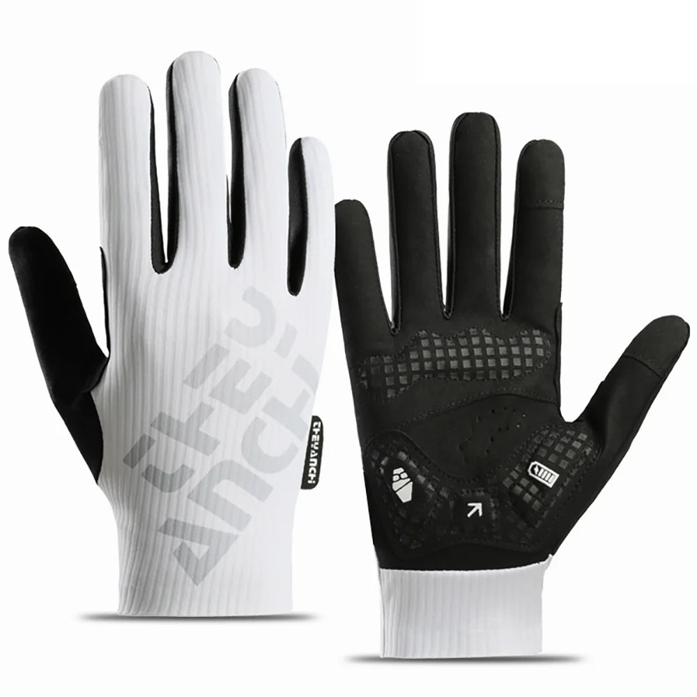White full-finger cycling gloves on a white background, showing the back and black perforated palm.