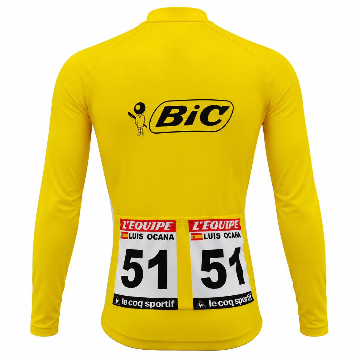 Back view of the 1973 Luis Ocaña Bic yellow long sleeve cycling jersey