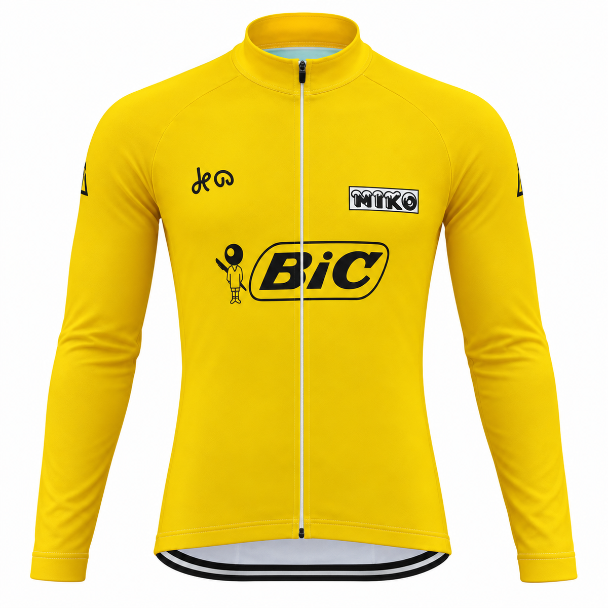 Front view of the 1973 Luis Ocaña Bic yellow retro long sleeve cycling jersey