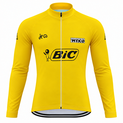 Front view of the 1973 Luis Ocaña Bic yellow retro long sleeve cycling jersey