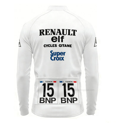 1983 Renault Elf Gitane Laurent Fignon number 15 retro long sleeve cycling jersey back view with three rear pockets
