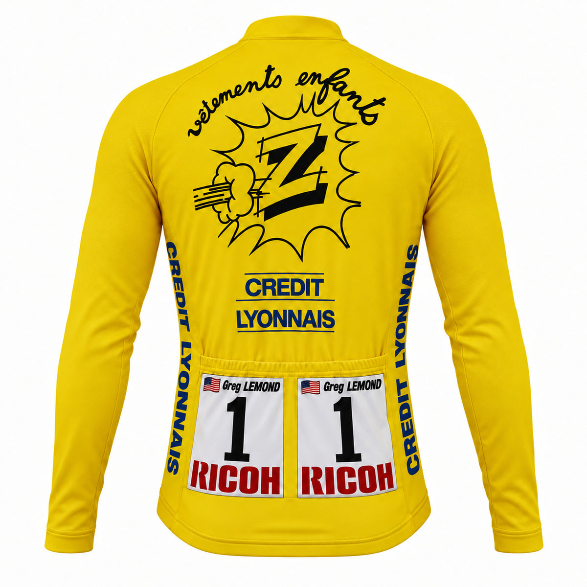 Back view of the 1990 Greg LeMond Team Z yellow long sleeve cycling jersey featuring race bib number 1 and Ricoh logo
