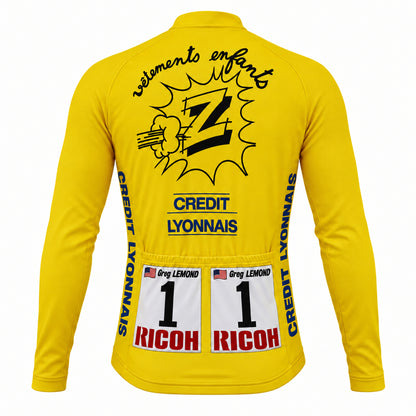 Back view of the 1990 Greg LeMond Team Z yellow long sleeve cycling jersey featuring race bib number 1 and Ricoh logo