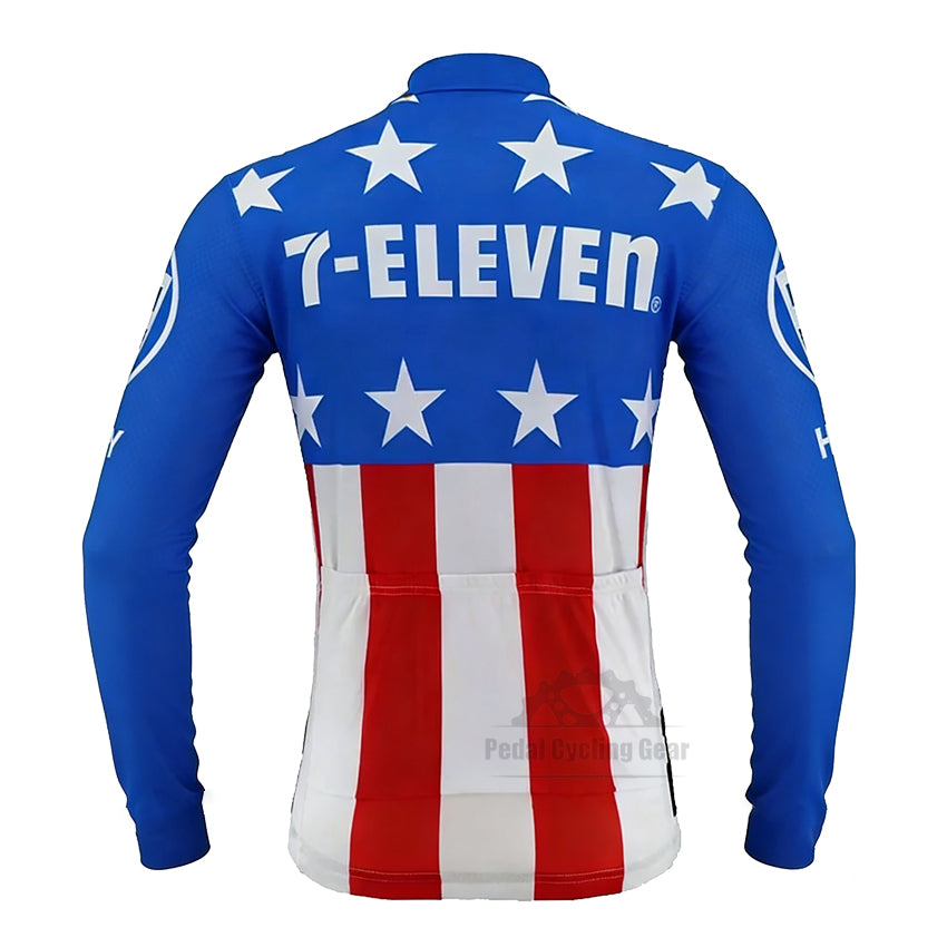 7-Eleven Hoonved Retro Long Sleeve Cycling Jersey Back View, blue with white stars and American flag stripes on lower body, three rear pockets