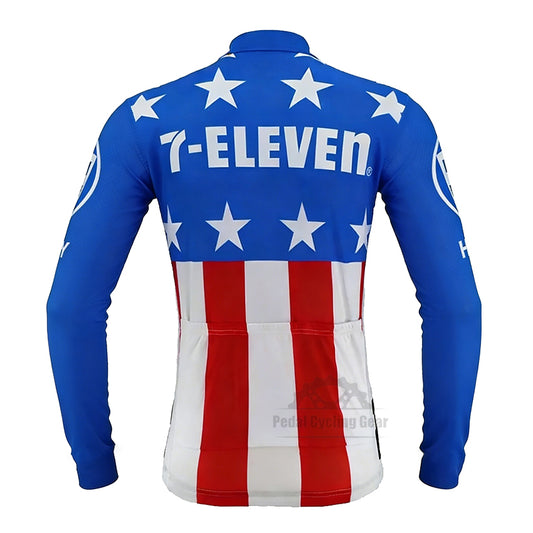 7-Eleven Hoonved Retro Long Sleeve Cycling Jersey Back View, blue with white stars and American flag stripes on lower body, three rear pockets