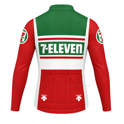 Red, green and white 7-Eleven retro long-sleeve cycling jersey, back view