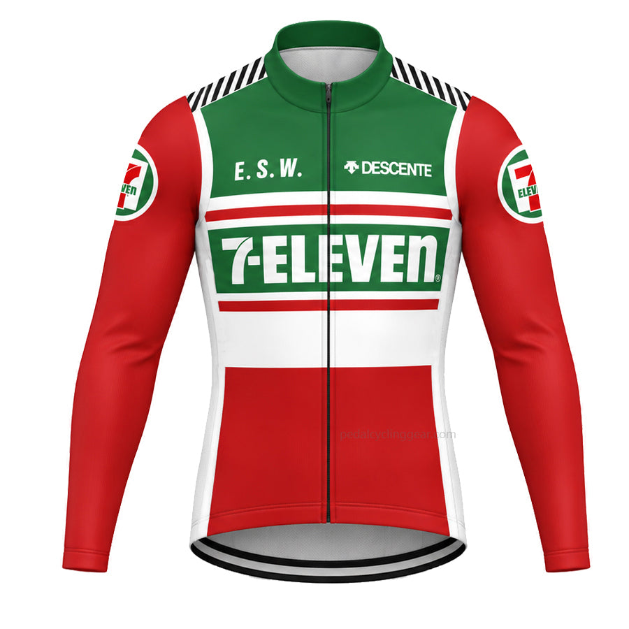 Red, green and white 7-Eleven retro long-sleeve cycling jersey, front view