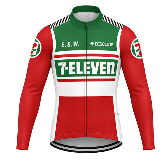 Red, green and white 7-Eleven retro long-sleeve cycling jersey, front view