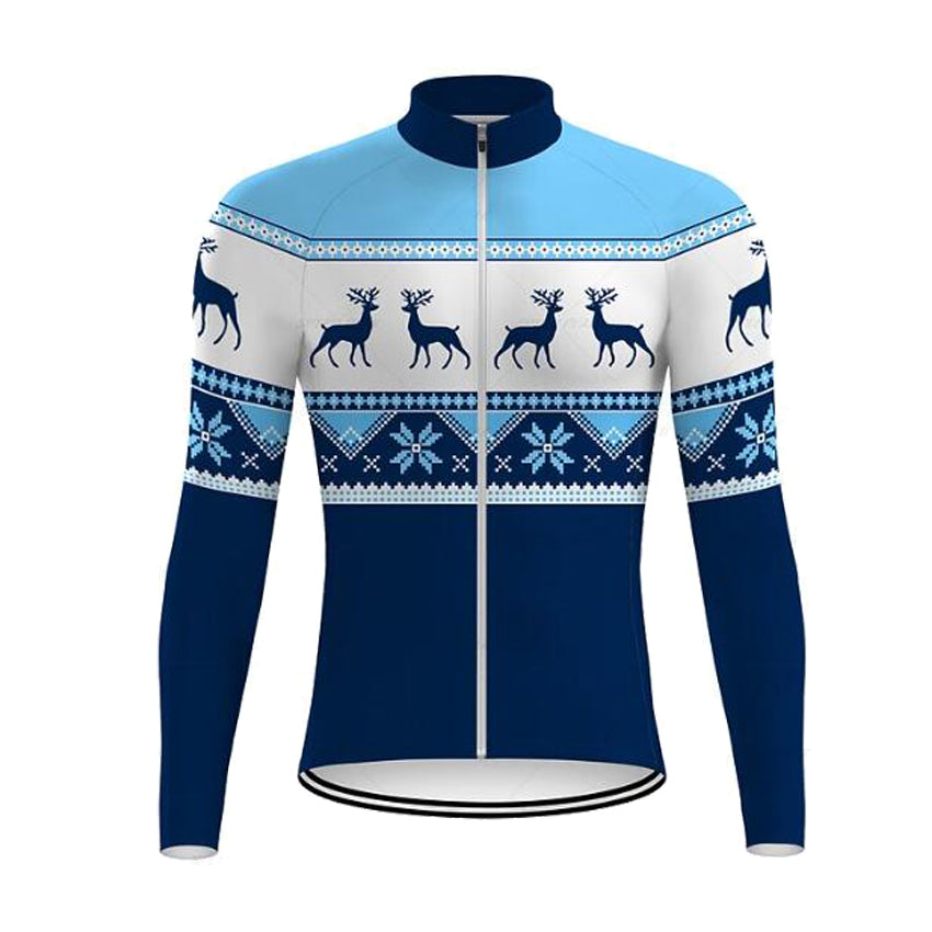 Christmas Long Sleeve Blue Cycling Jersey Elk