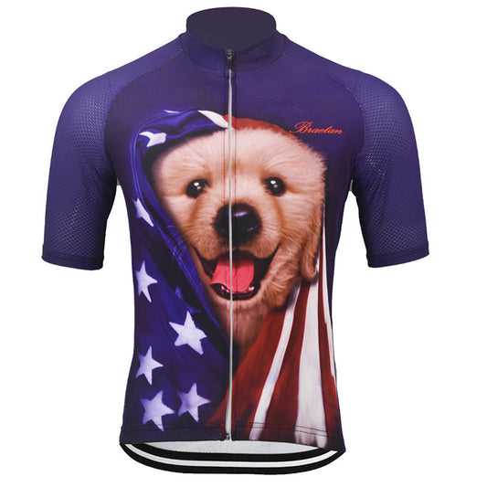 Men's American Flag Dog Short Sleeve Cycling Jersey