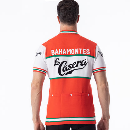 Back view of Bahamontes La Casera retro wool cycling jersey showing rear utility pockets and full sponsor graphics