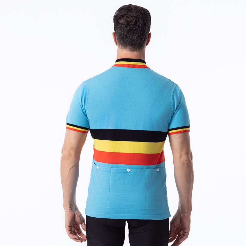 Belgian National Team retro wool cycling jersey sky blue - back view