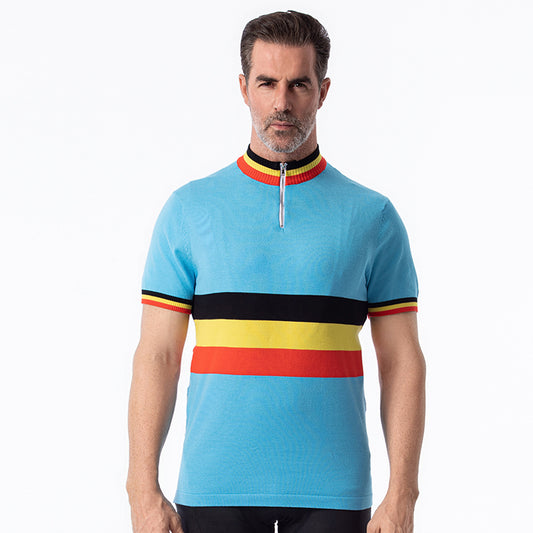 Belgian National Team retro wool cycling jersey sky blue - front model