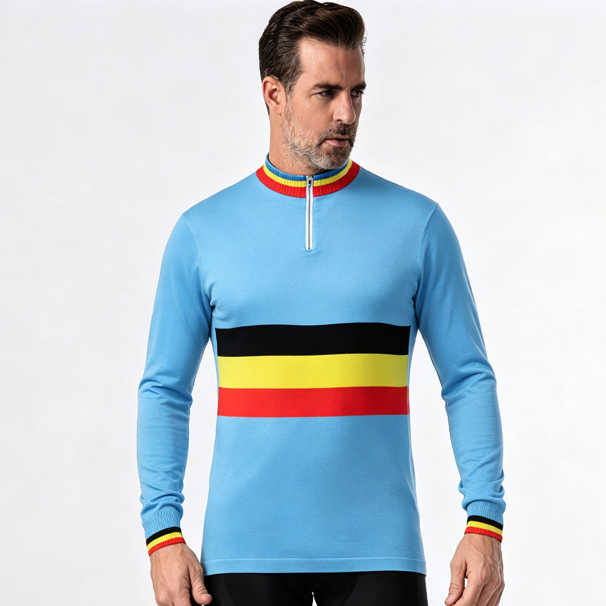 Belgium national team retro long sleeve wool cycling jersey front view
