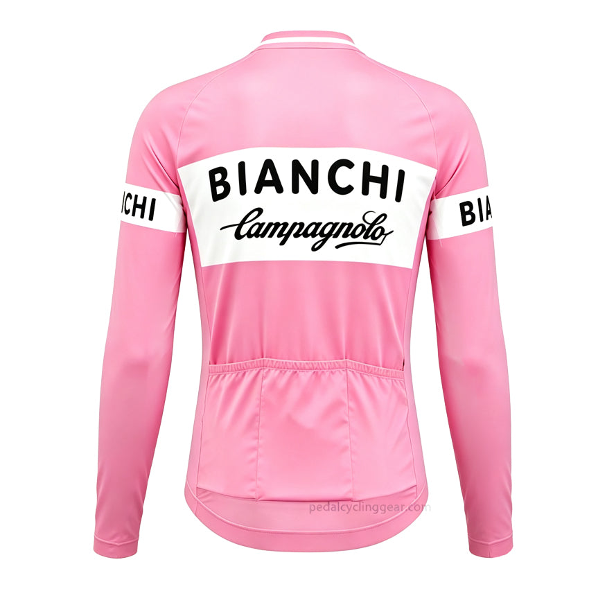 Back view of the pink Bianchi Giro d'Italia long sleeve retro cycling jersey showing 3 rear storage pockets.