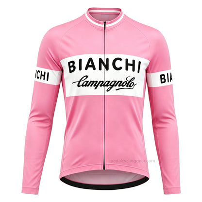 Front view of the pink Bianchi Giro d'Italia long sleeve retro cycling jersey