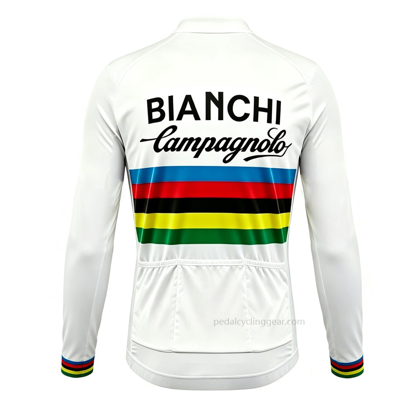Back view of the white Bianchi Campagnolo World Champion long sleeve retro cycling jersey showing 3 rear storage pockets.