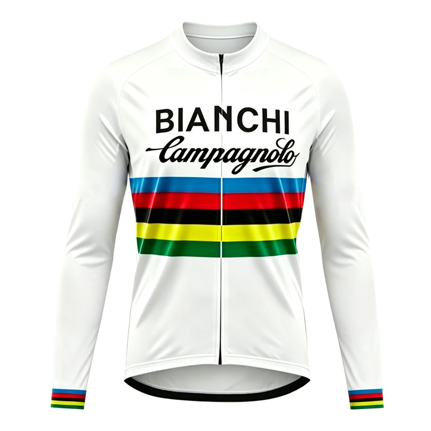Front view of the white Bianchi Campagnolo World Champion long sleeve retro cycling jersey with rainbow stripes