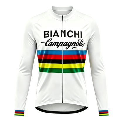 Front view of the white Bianchi Campagnolo World Champion long sleeve retro cycling jersey with rainbow stripes