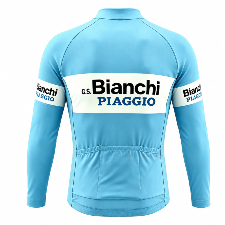 Bianchi-Piaggio celeste long-sleeve cycling jersey with blue lettering panel, back view