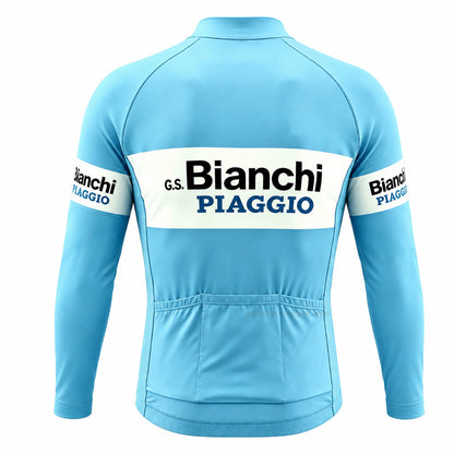 Bianchi-Piaggio celeste long-sleeve cycling jersey with blue lettering panel, back view