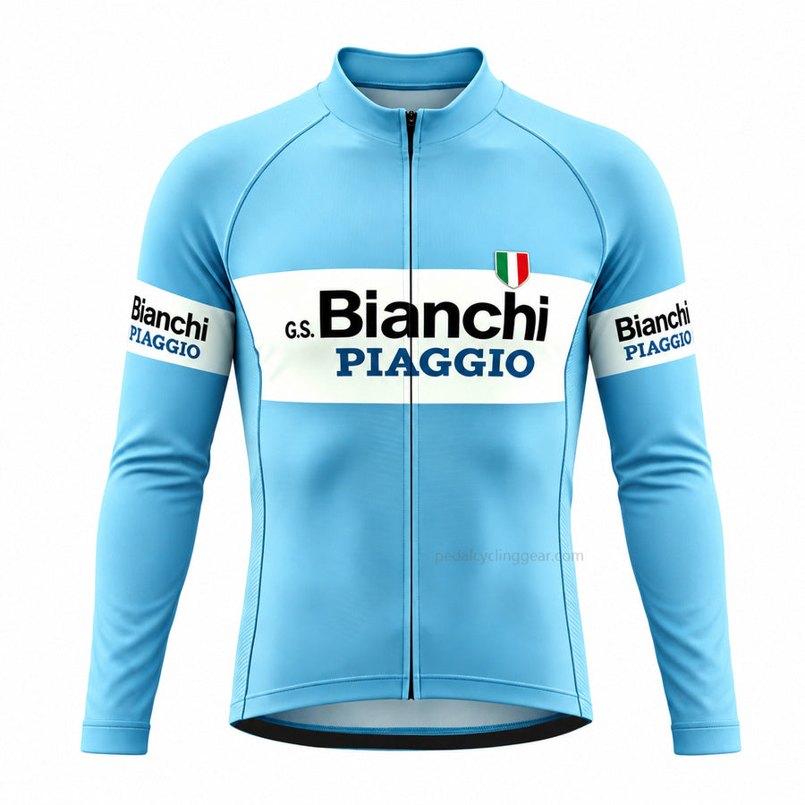 Bianchi-Piaggio celeste long-sleeve cycling jersey with blue lettering panel, front view