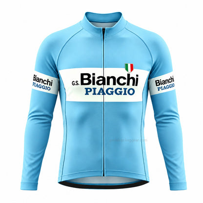 Bianchi-Piaggio celeste long-sleeve cycling jersey with blue lettering panel, front view