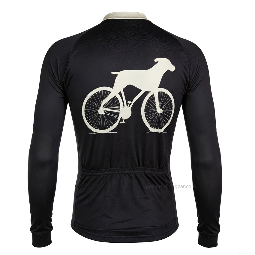 Back view of a black Bike Dog Brewing retro long-sleeve cycling jersey