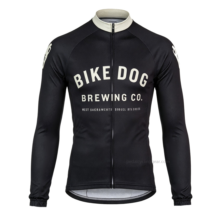 Front view of a black Bike Dog Brewing retro long-sleeve cycling jersey