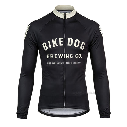 Front view of a black Bike Dog Brewing retro long-sleeve cycling jersey