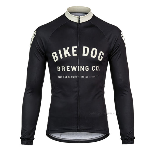 Front view of a black Bike Dog Brewing retro long-sleeve cycling jersey