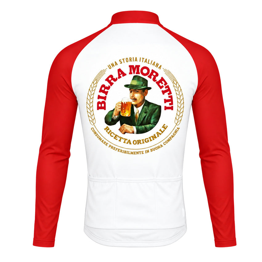 Birra Moretti Beer Retro Long Sleeve Cycling Jersey front view showing three rear pockets