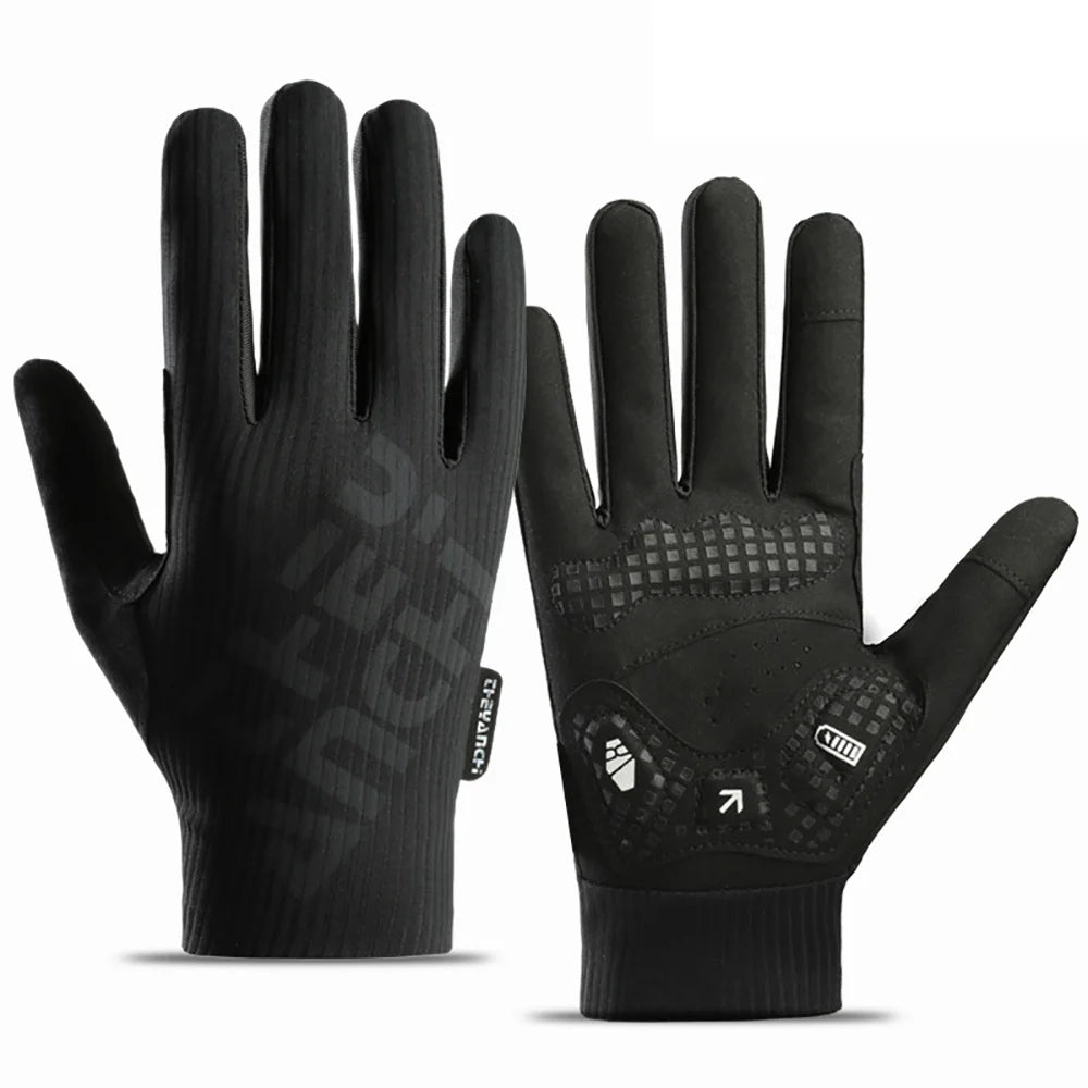 Black full-finger cycling gloves showing the fabric back and padded palm with a silicone checkerboard pattern