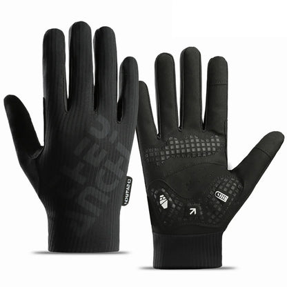 Black full-finger cycling gloves showing the fabric back and padded palm with a silicone checkerboard pattern